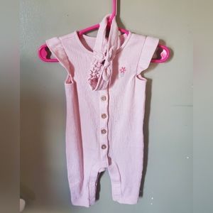 Carter's baby pink button down romper outfit with original headband.